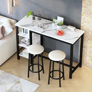 AWQM 47" Bar Table Set with Storage Shelves, Modern White Faux Marble Breakfast Table, Velvet Stools & Upholstered Leather Bar Stools, Waterproof Wine