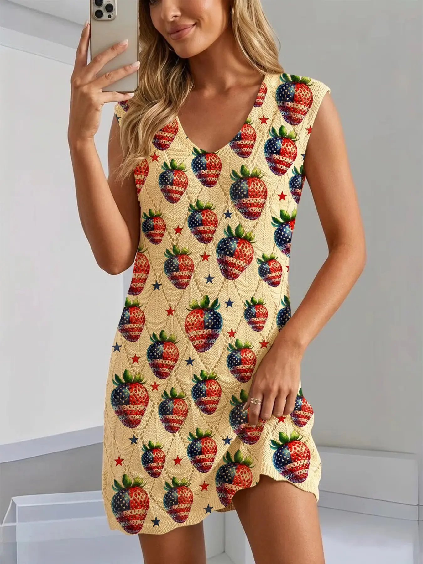 Women's Vintage Strawberry Print V-Neck Knit Dress, Casual Sleeveless Vest, Versatile Daily Wear, Spring Summer Fashion