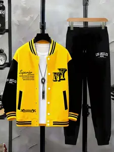 Men's Baseball Jacket + Sweatpants Set, Casual Matching Set, New York Pattern Design, Casual Fitted Long Sleeve, Fall & Winter, Above the Ankle