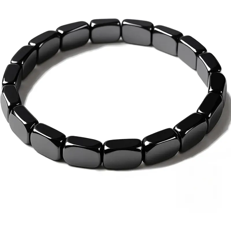 Men's Genuine Natural Polished Hematite Solid Beads Bracelet - Adjustable Stretch Bangle, Minimalist Style, Sleek Masculine Design, High-Quality Grounding Jewelry, Daily Casual Gift for Jeans Pairing, Polished Hematite Beads, Genuine Natural Hematite
