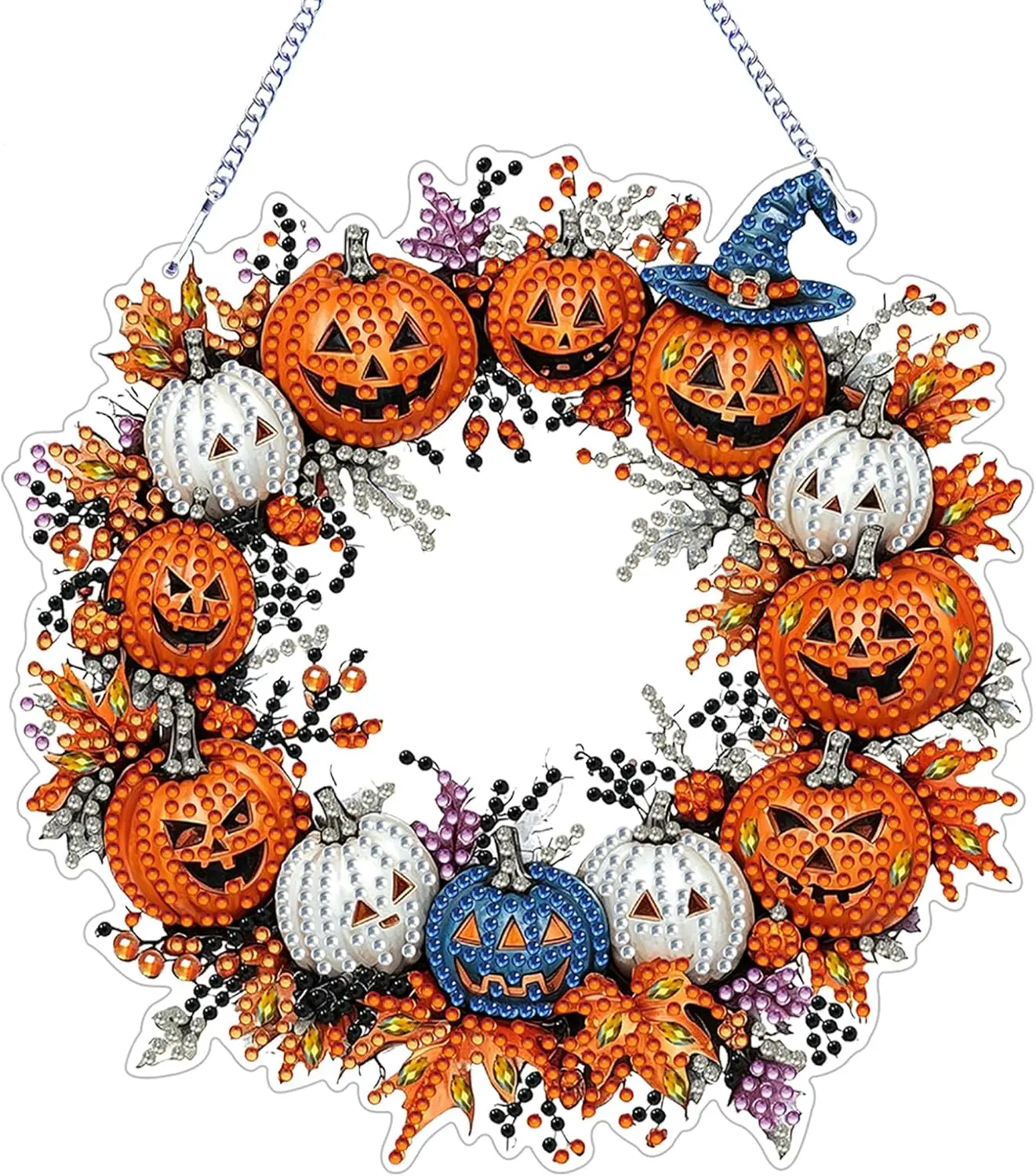 5D Diamond Painting Hanging Wreath Ornament Kit Halloween Jack O Lantern Pumpkin Witch Hat Maple Leaf Fall Crystal Rhinestone Door Window Pendant Decor Gift Room Decorations