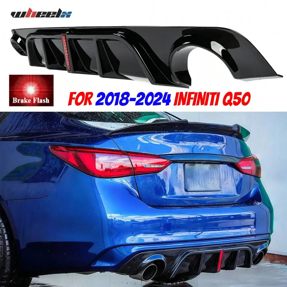 100% Brand New ABS Rear Bumper Diffuser with 3s Brake Flash LED Light, Vehicle-Specific Fit for 2018-2024 Infiniti Q50, Glossy Carbon Fiber Look Aerodynamic Cover, Car Replacement Accessory with Adhesive/Screws