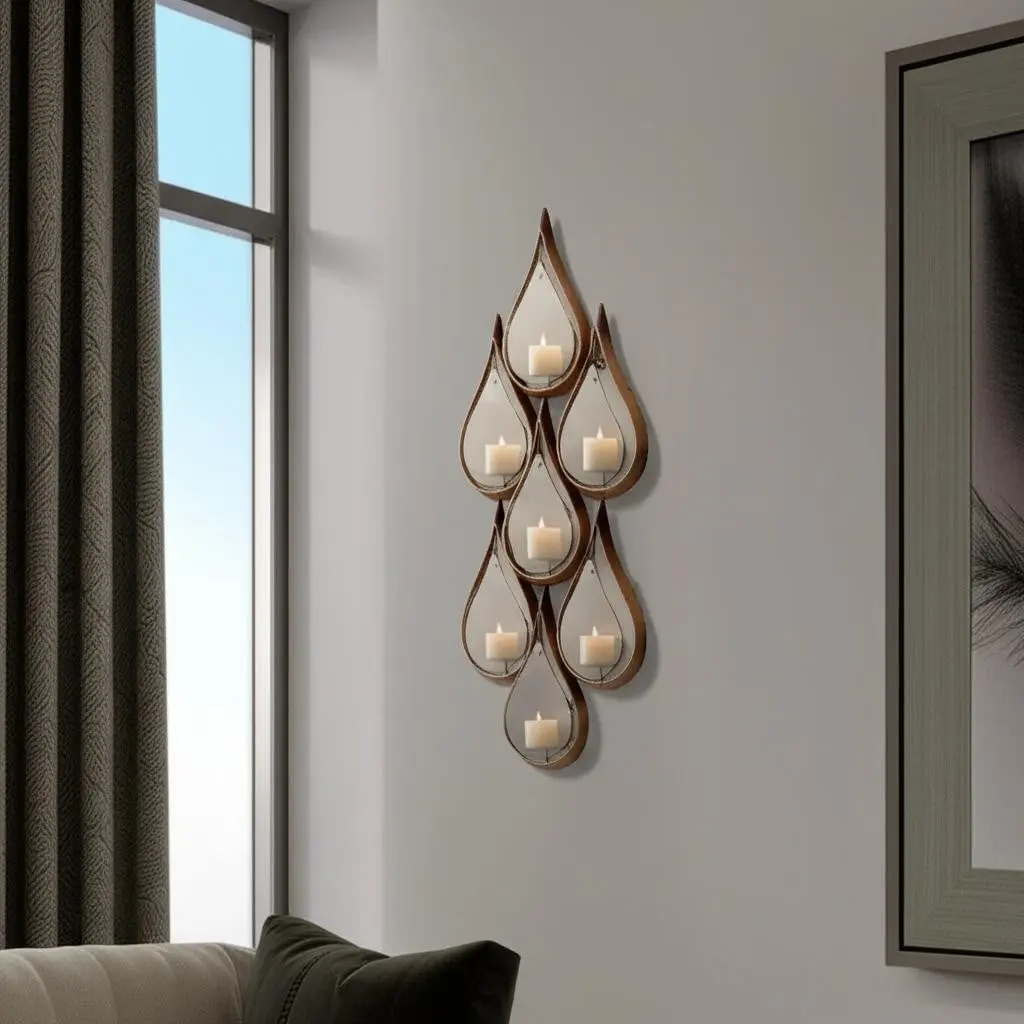 52" Height Gold & Gray Distressed Geometric Glass & Metal Wall Sconce Pillar Candle Holder with 360 Stand, Handcrafted Home Decor for Evening Gatherings, Engagement & Birthday Gift, Modern Living Room Ambient Light Accent