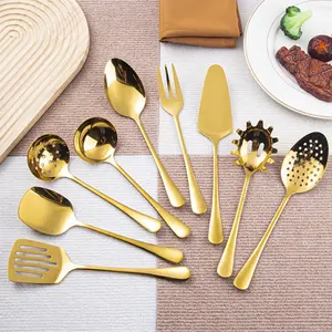 Gold Plated Stainless Steel Kitchen Utensil Set 9-Piece, Premium Soup Ladle, Strainer, Serving Spoon, Slotted Turner, Pasta Fork, Oil Spoon