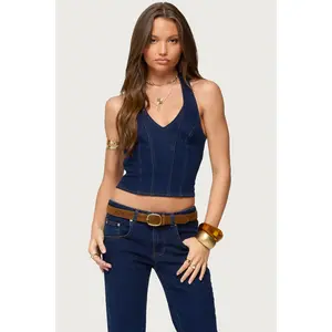 Jemima Contrast Stitch Denim Halter Top