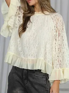 Elegant Four-Season Pure Color Sheer Lace Long Sleeve Ruffle Loose Shirt, Stylish and Comfortable, Perfect for All Seasons