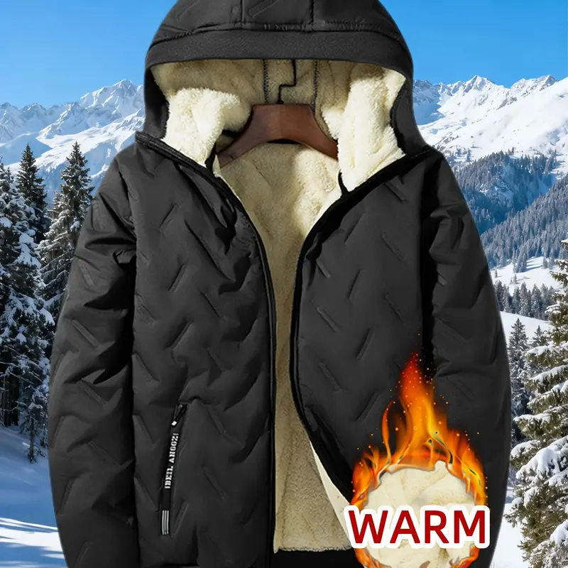 Men’s fall/winter fleece-lined, thick hooded jacket with a plush lining and zip stand collar for warmth when going out; suitable for cold weather, camping, and commuting — machine-washable jacket