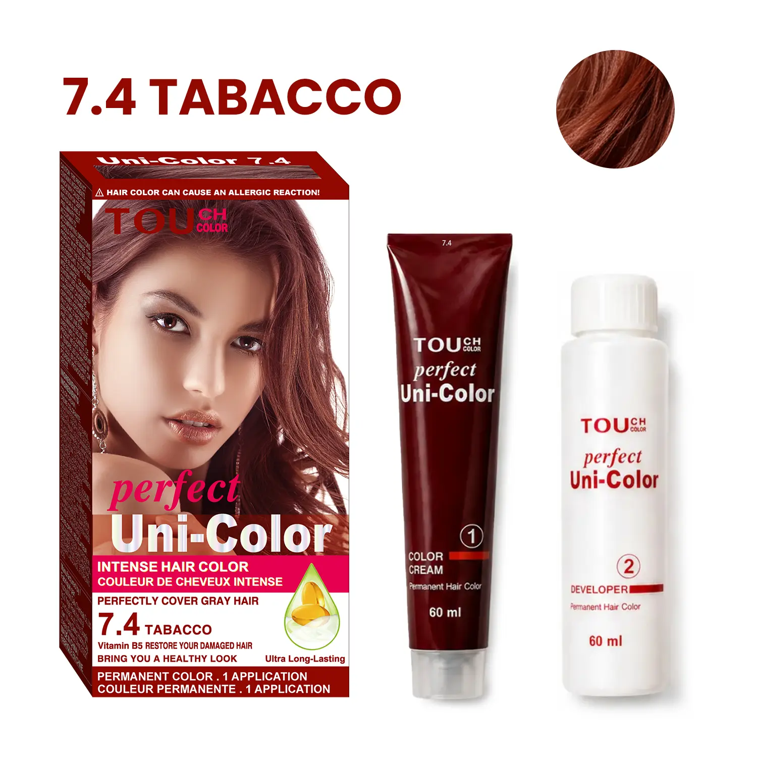 TOUCH Color Perfect Uni-Color 7.4 Brown Hair Color Kit, Permanent Hair Dye with Developer, Gray Coverage & Long-Lasting At-Home Hair Color
