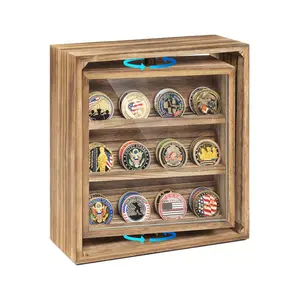 Emfogo Rotating Challenge Coin Display Stand, Wooden Double-Sided Military Coin Holder with Clear Acrylic Doors, Holds 33 Coins, Rustic Brown Desktop Display Case for Veterans & Collectors