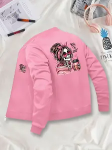 Women's Casual Graphic Long Sleeve Knit Jacket, Fitted All Season Outerwear, Moderate Fabric, Zipper Design, Stylish Ladies Coat for Daily Wear & Parties Knitwear