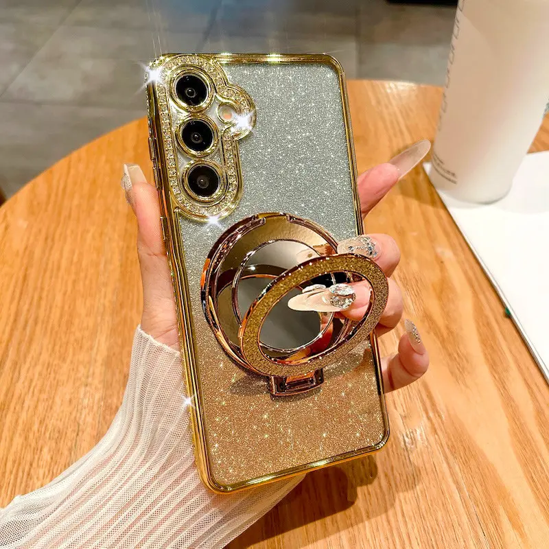 Luxury Glitter Mirror Ring Holder Protective Case for Samsung A07 A17 A06 A16 A26 A36 A56 A14 A34 A54 A15 A25 A24 A35 A55 A05s 5G Wireless Charging Plating Cover Protection Accessories Shockproof Phone Cover Phone Accessory