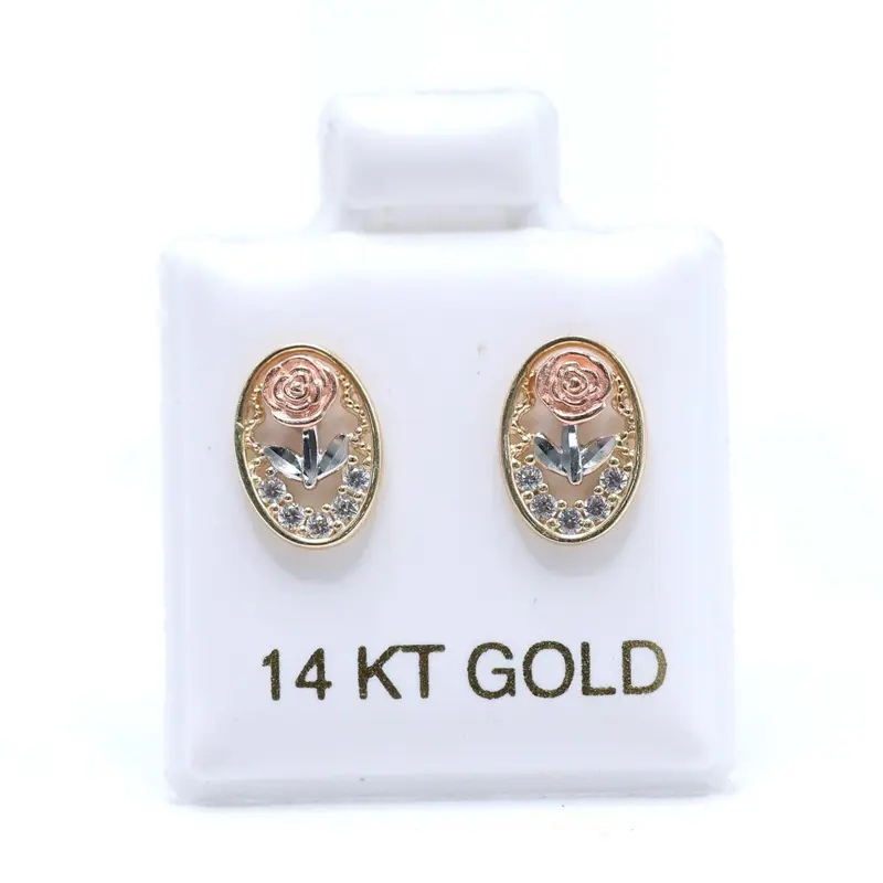 14KT Gold 3-Tone Oval Rose Earrings with Cubic Zirconia Stones - Small, Ideal for Women and Girls