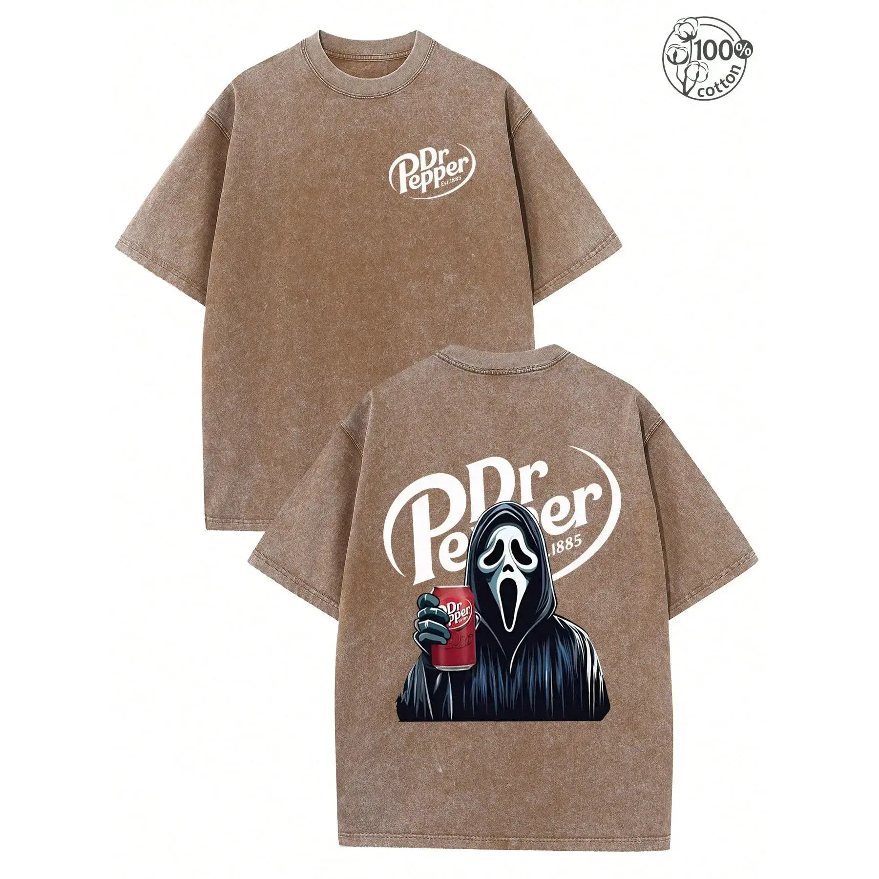 Dr. Pepper Ghost Face Horror Halloween Double-Sided T-Shirt for Men & Women, 230g Washed Batik Retro Thick Cotton, Loose Fit, Round Neck, Short Sleeve, Ideal for Couples, Summer Streetwear