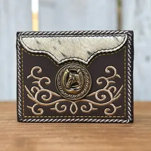 Western Men's Brown Wallet with Metallic Horse and Horseshoe Genuine Cowhide Leather Handmade in Mexico 9" x 3 1/2"