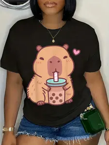 100% Cotton Cute Capybara Kawaii Anime Drinking Bubble Tea Lover Girls T-Shirt