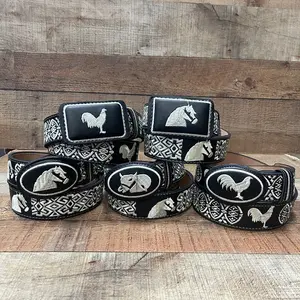 Men's Genuine Leather Handmade Embroidery Black-White Belt Cinto Bordado Negro-Blanco