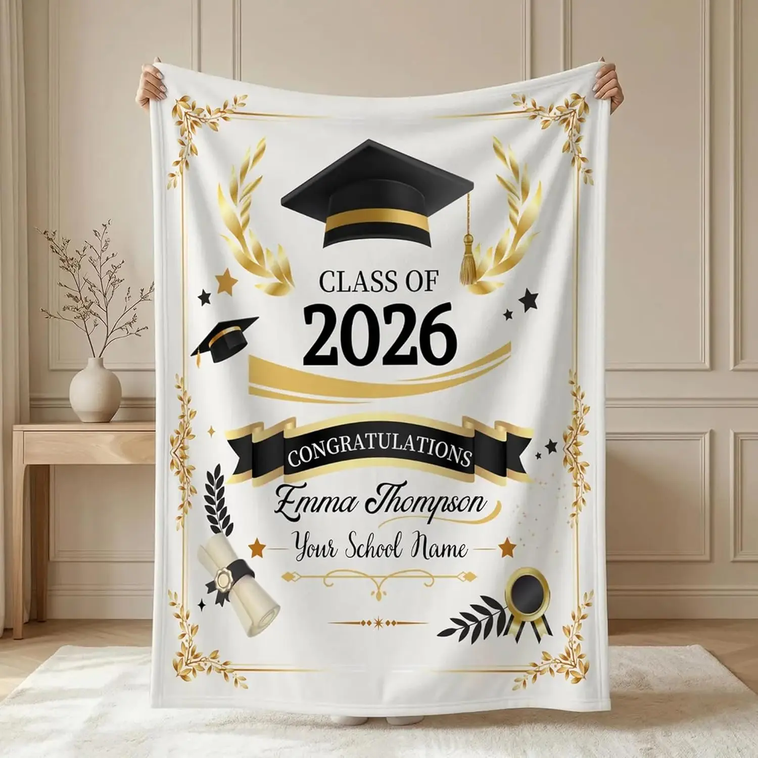 280g Ultra-Soft Polyester Customized Blanket - Senior Class of 2026 Keepsake, Custom Name/School Design, Modern Grad Gift, Cozy Home Decor, All Seasons, Machine Washable, Cozy Nights, Soft Blanket Vibes, General Use for Adults