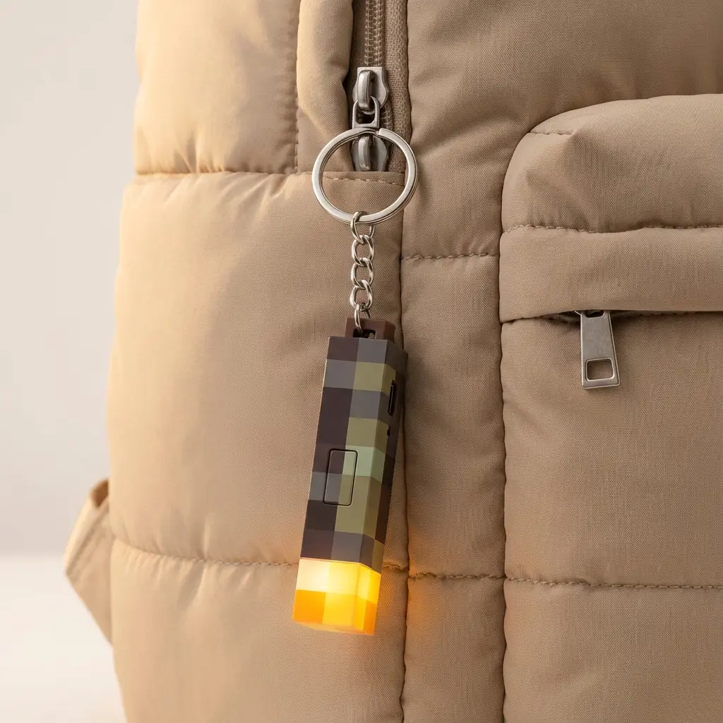 World Mini Pixel Torch Keychain Flashlight | USB Rechargeable LED Light Charm. Compact & Lightweight Retro Gaming Gift, Ideal Christmas Stocking Stuffer for Gamers, Boys, and Kids. Enchanting Glow Light for Backpacks, Keys, and Desk Deco