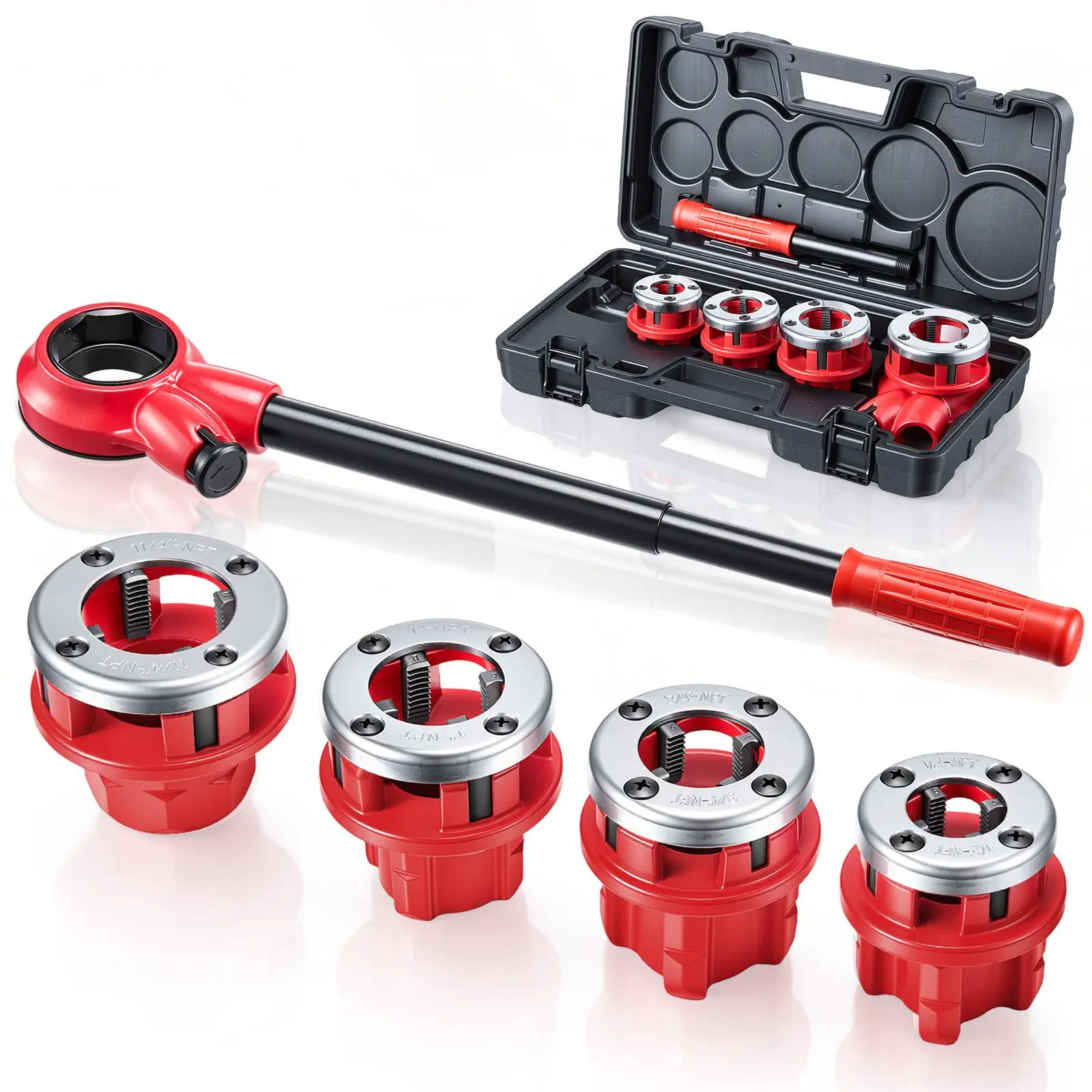 【Summerfinds】VEVOR Ratchet Pipe Threader Kit with 4 Dies1/2" NPT3/4" NPT1" NPT1-1/4" NPT Manual Ratcheting Pipe Threading ToolPortable Pipes Threader Set with Toolbox for Plumbing Installation & Repair