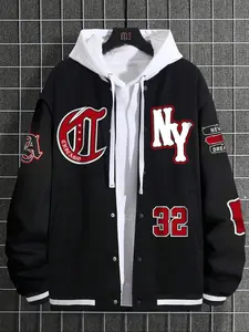 Unisex Letter Print Baseball Collar Bomber Jacket, Loose Casual Fashion Long Sleeve Outerwear for Daily Wear, Men's Clothes for All Seasons