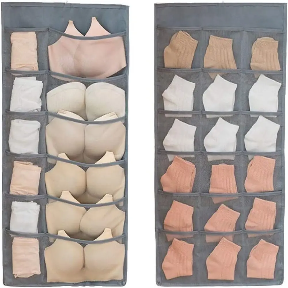 Double-Sided Mesh Hanging Bra Hanger with 30 Organized Pockets, Oxford Fabric Roll-Up Hanging Closet Organizer for Space-Saving Clothes Storage & Remote Holder Accessory Organization, Home Accessory Storage