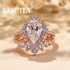 Louily Jewelry 2.2 Carat Pear Cut Engagement Ring Set for Women,5A Cubic Zirconia CZ Sterling Silver Elegant Wedding Ring Set