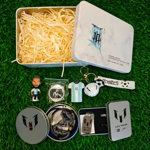 LM10 GOAT 13-Piece Soccer Fan Gift Box Set - No.10 Blue & White Souvenir Bundle with Figure, Coin, Necklace, Rings, Keychain & 5 Wristbands