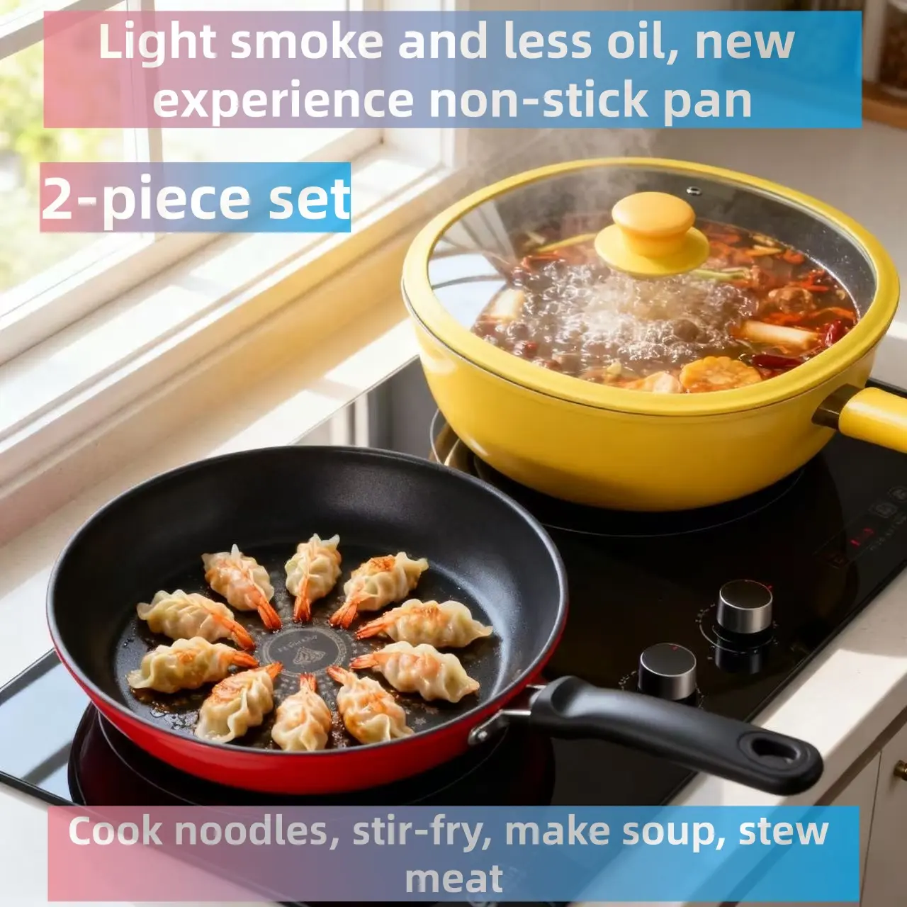 2-Piece Set  Ceramic Non-Stick Square Pan Household Gas Stove Wok Flat Bottom Stir-Fry Pan Induction Cooker Non-Stick Flat Bottom Stir-Fry Pan Kitchen Cookware Frying Pan Induction Cooker Gas Stove Universal Wok Detachable Handle Nonstick