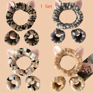 Soft Coral Fleece Striped Face Wash Set, Cute Sweet Korean Style Makeup Hair Band Wristband, Unisex Home Outdoor Cleaning Essential