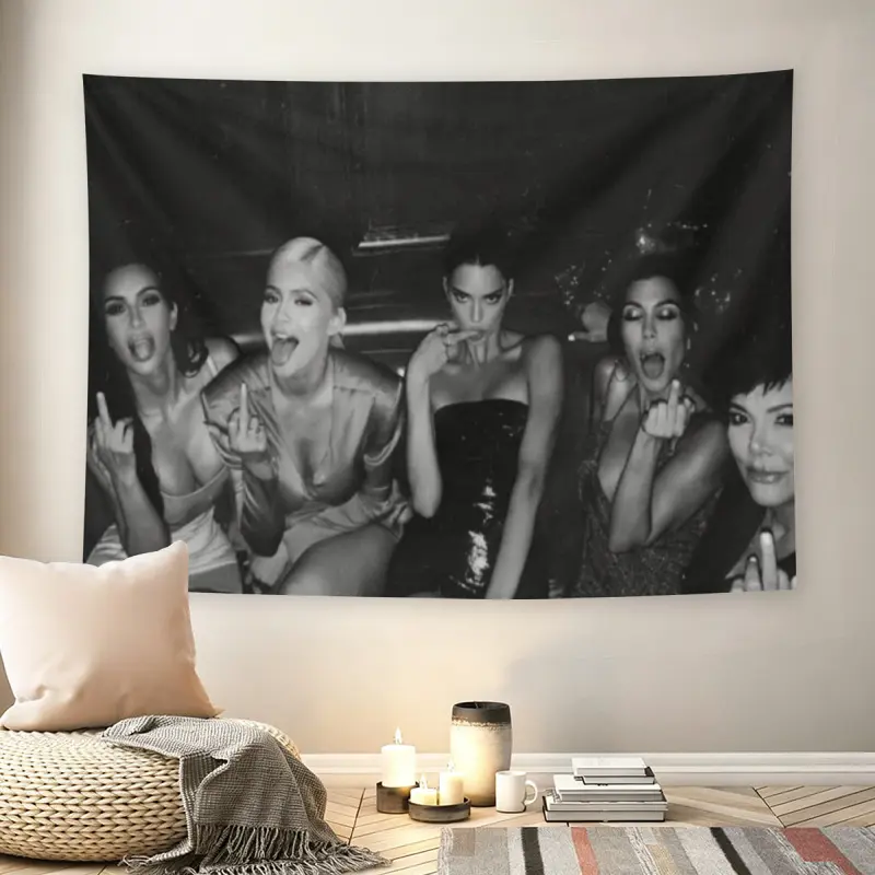 Kardashian Family Middle Finger Black White Wall , Grunge Celebrity Party Photo Funny Tapestry, Mid-century Modern Y2K Living Room Wall Decoration for Adult Fans, Iconic Reality TV Star Print Home Wall Hanging