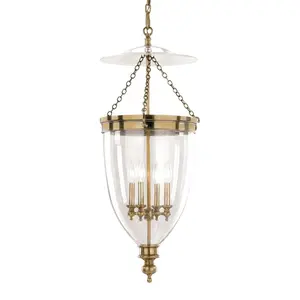 Large Hanover Pendant Light With Clear Bell-Shaped Glass Shade And Aged Brass Finish