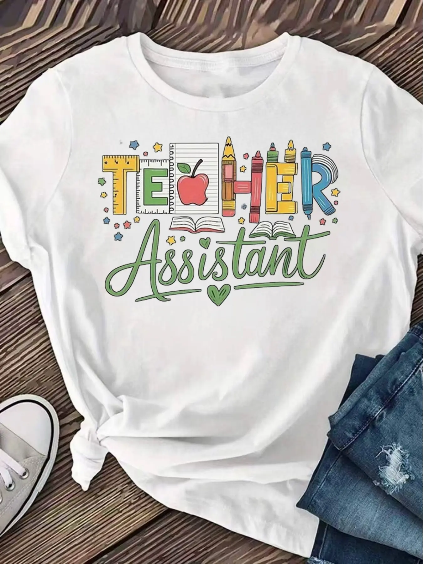Women'S Teacher Assistant T-Shirt, Support Role Apparel Casual Short Sleeve Round Neck Tee Solid Color Staff Uniform for Educators Teaching Assistants I0 Women'S Round Neck, Suitable for All Seasons, Casual And Versatile