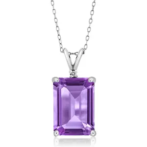 Gem Stone King 5-10 Cttw Gemstone Birthstone and Round Accent White Diamond Necklace | 14X10MM Emerald Cut | 925 Sterling Silver | Pendant Necklace for Women | With 18 Inch Silver Chain