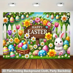 1PC,2D Flat Easter Theme Backdrop, Party Decoration Background Cloth, Cute Bunny, Colored Eggs, Flowers, Grass Scene, Photo Backdrop for Kids' Birthday Party, Family Gathering Event Decoration Cu