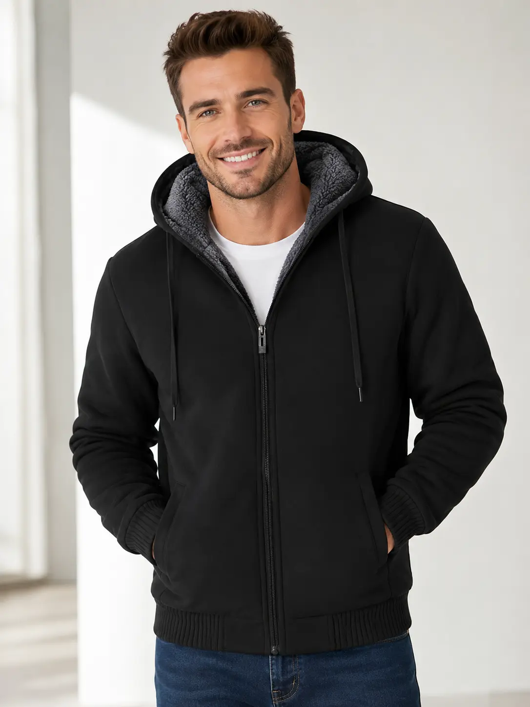 ZITY Men’s Sherpa Full Zip Hoodie - Plain Long Sleeve Tops, Full Zip Warmth, Fall Winter Casual Outerwear, Gym Streetwear, Black, Gifts for Him, Menswear Deals, Hoodies & Sweatshirts