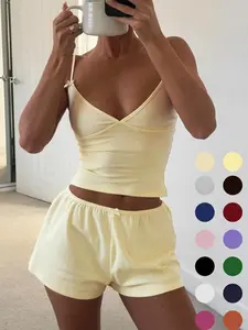 Two-piece Set Women's Solid Crop Cami Top &  Shorts, Casual Comfy Camisole & Shorts for Daily Wear, Ladies Two-piece Outfits for Summer