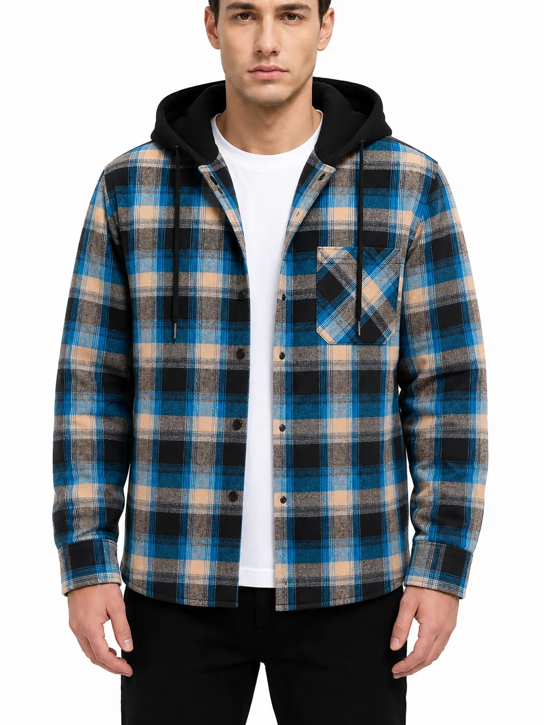 ZITY Men's Checked Plaid Flannel Hooded Shirt - Medium Length Long Sleeve, Loose Cut Button Down, Spring Polyester Blend, Reinforced Pocket Layering Top, Street Casual Vibe Aesthetic Outfit Piece