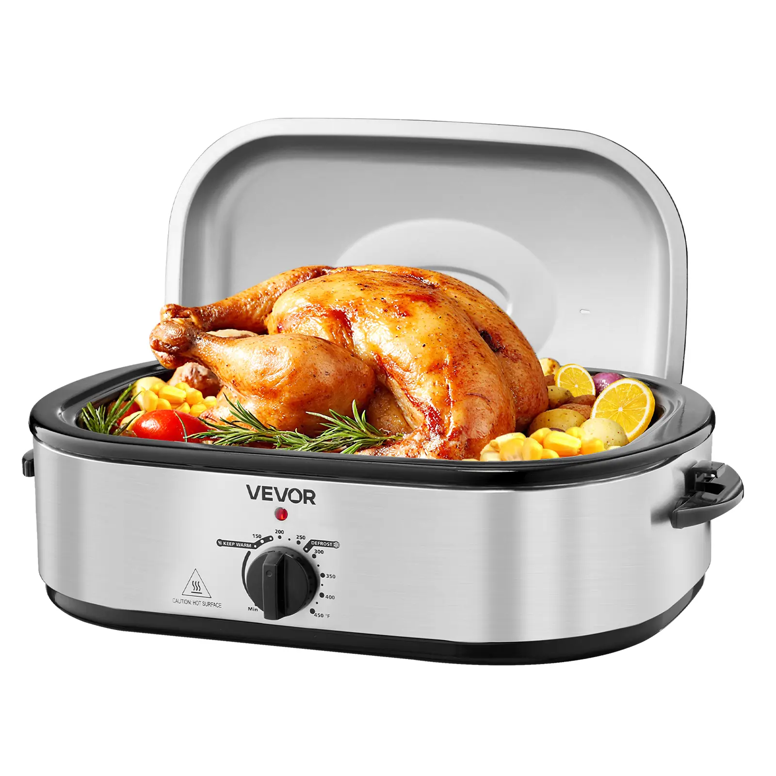 VEVOR Electric Metal Roaster Oven, 14QT Fast-Cooking Model with Cool-Touch Handles, 150-450℉ Adjustable Temperature, Self-Basting Lid, Lift-Out Rack, Defrost & Warm Functions, Fits 18lb Turkey for Thanksgiving, Family Meals, Christmas Parties
