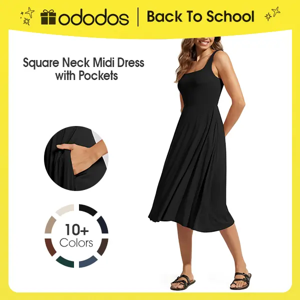 ODODOS Square Neck Midi Dress with Pockets for Women Summer Casual Sleeveless Sundress Flare Tank Dress, Spandex, Rayon, Charcoal, Minimalist, Fitted, Everyday, Fabric, Comfortable, Casual Wear, Soft, Breathable, Lightweight, Straps Womenswear Flowy