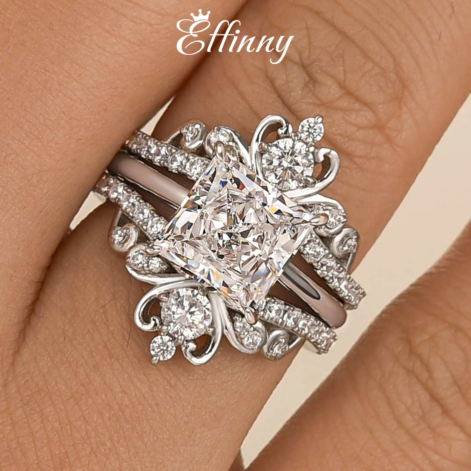 Effinny 3.0ct Princess Cut Insert Wedding Ring Set with Vintage Crown Ring Enhancer, CZ Women's 925 Silver Promise Ring, Engagement Rings, Anniversary