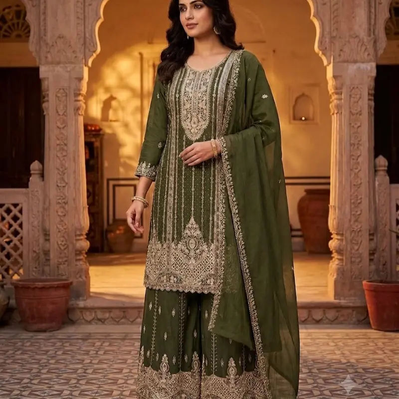Heavy Embroidered Fersi Salwar Suit Designer 3pc Sharara Set (Size 46) | Luxury