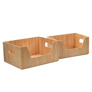 2-Piece Bamboo Open-Front Storage Bin Set – Large & Small Stackable Organizers