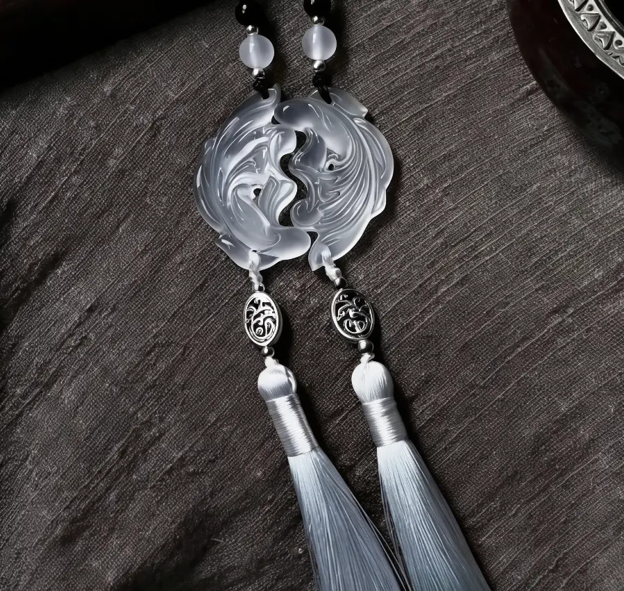 Natural Agate Double Fish Pendant, Yin Yang Peace Buckle Necklace, Chinese Style Spiritual Jewelry for Women Vintage Chinese Koi Fish Car Pendant, Hand Carved Jade Pendant