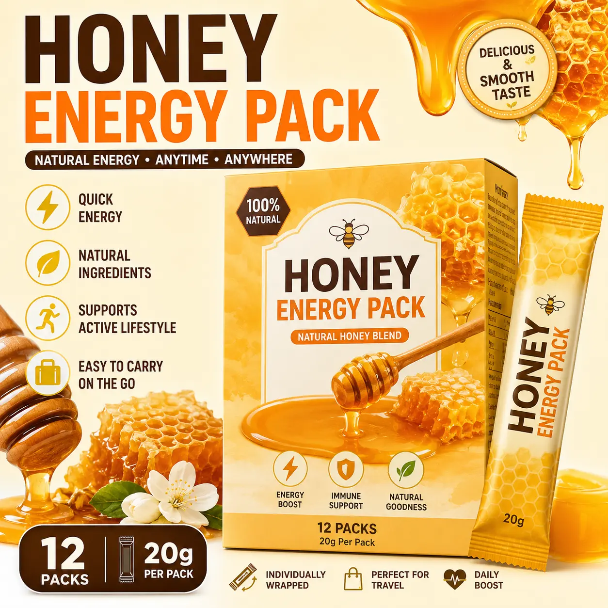 Natural Organic Honey -12 Sachet X 20g per  with Bee Pollen & Royal Jelly Sweet &  Flavor
