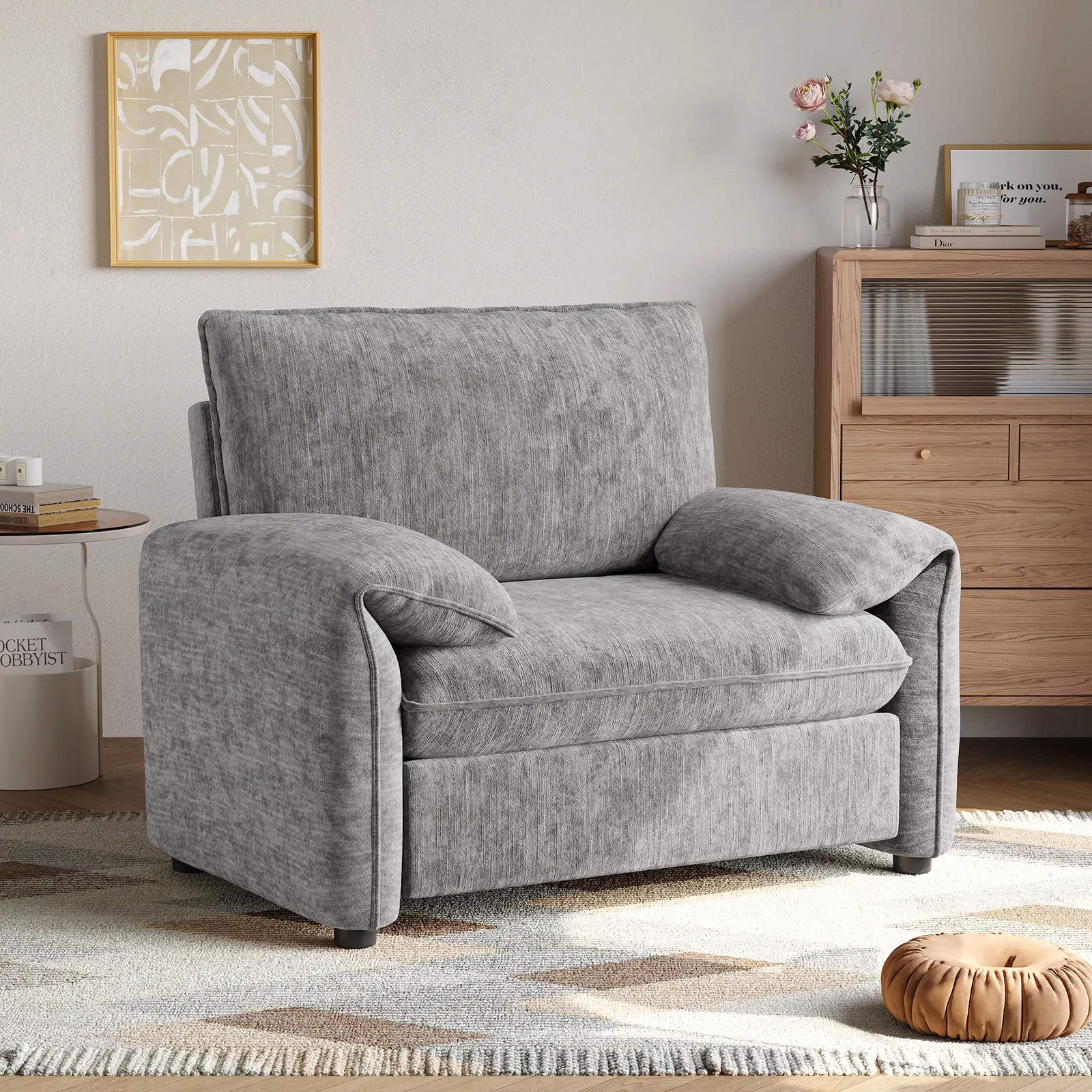 【BackToSchool】ONBRILL Oversized Accent Chair, 41 Inch Chenille Fabric Armchair, Comfy Single Sofa Chair with Padded Arms, Pocket Spring Cushion, Modern Reading Chair for Living Room, Bedroom Furniture BackToSchool