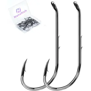 50Pcs Fishing Bait Holder Hooks Offset Double Barbed Long Shank Down Eye for Soft Live Baits Saltwater Fishing