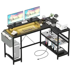 L Shaped Computer Desk with Power Outlets & LED Light, 49.6" Reversible Corner Desk with Storage Shelves & Monitor Stand, for Home Office Gaming Writing