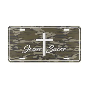 Jesus Saves License Plate, Camo Cross Car Tag, Faith Decor for Hunters, Military Christian Gift, Aluminum Sign, 12"x6", Pre-Drilled Car Accessories Truck