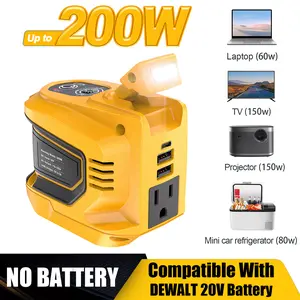200W Power Inverter Compatible with Dewalt 20V Battery, Battery Not Included, DC 20V to AC 110-120V Battery Inverter, Portable Power Station Generator, Charger Adapter Battery Powered Outlet with 2 USB Ports & 1 Type-C & 1 AC Outlet
