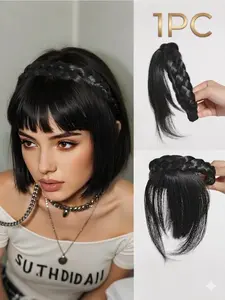 Women's Short Straight Synthetic Hair Wig with Braided Headband, Front Bangs, New Hair Accessory, Braid, Quick Wear, Goddess Transformation, Synthetic Braided Wigs